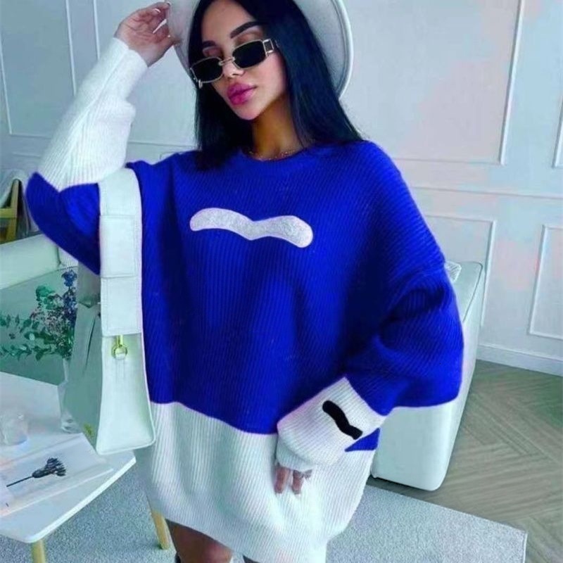Autumn knit sweater women designer sweaters womens loose fit lazy style Knit tops luxurious contrasting colors medium to long knitwear long sleeves