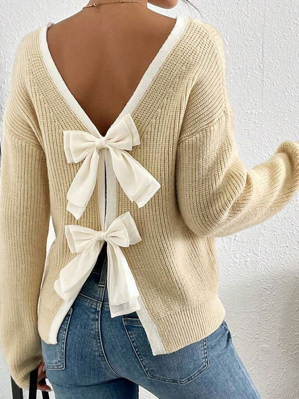 Women Autumn Winter Fashion Round Neck Pullover Knit Top With Back Bow Decor Soft Cozy Sweater Casual Elegant Daily Street Wear Knitwear Chic Stylis
