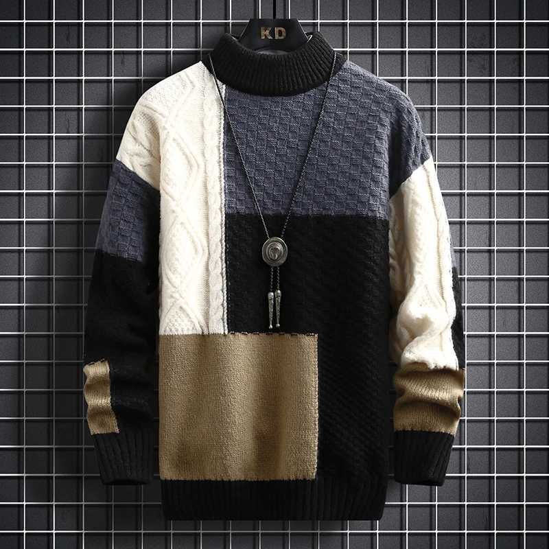 Men Winter 2023 Sweater Autumn Warm Fashion Stitching Color Matching Pullover Round Neck Sweater Thickened Knitted Sweater S-3Xl M261016