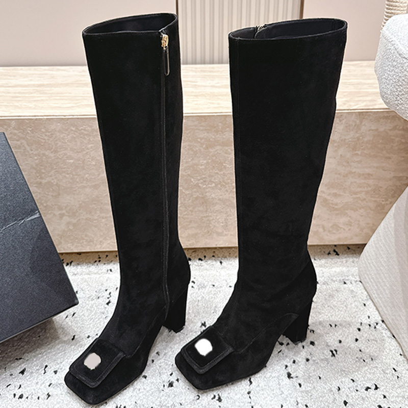 Luxury Designer Womens Square Toe High Boots Fashionable Black Suede Metal Buckle Shoes High Boots Womans Outdoor Daily Wear Knight Boots