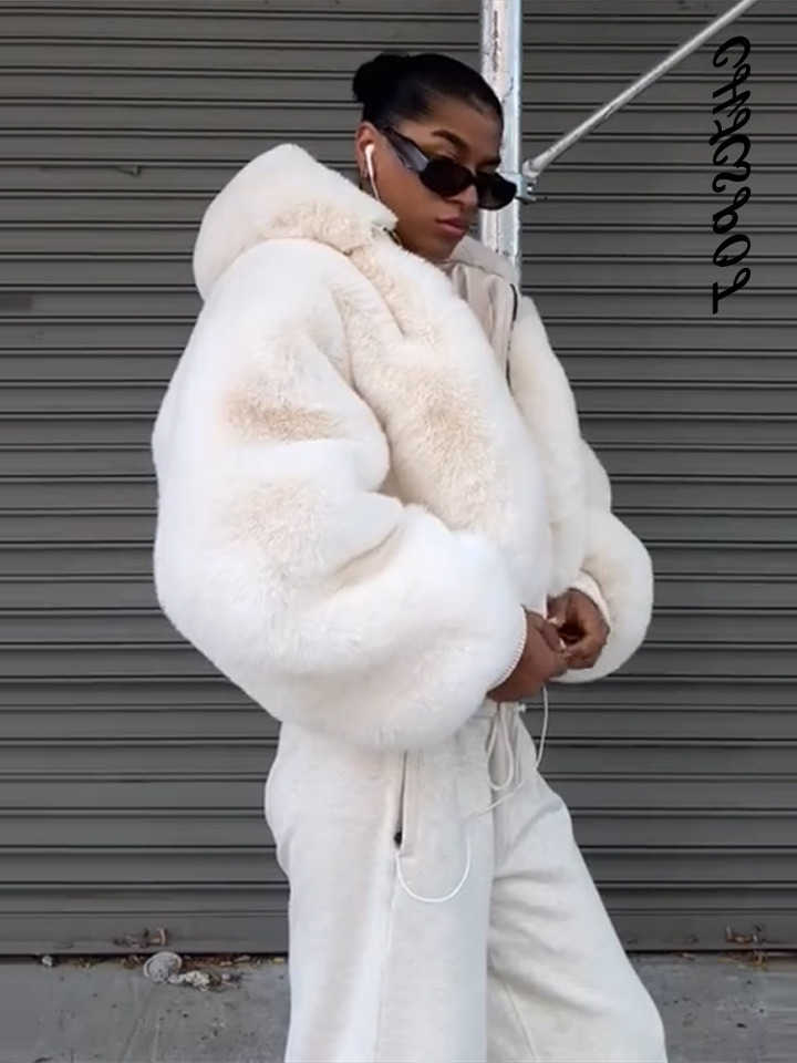 Fur Women's Coats Hooded Patchwork Zipper Jackets Strt Lantern Long Loose Autumn Winter Outerwears S261016D9BZ