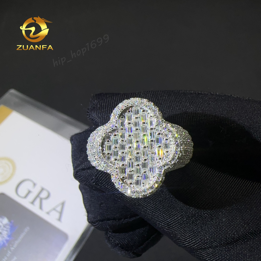 New Arrivals Drop Shipping Cleef Clover Flower Style Iced Out Hip Hop Baguette Moissanite 925 Sterling Silver Diamond Man Ring