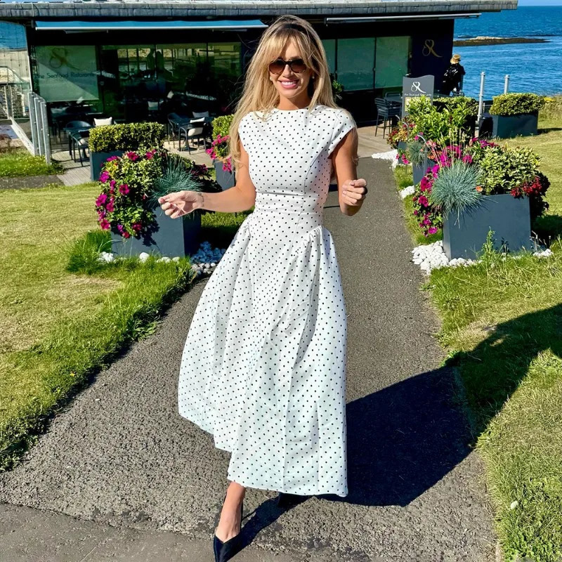White Polka Dot Long Dress Summer Sexy High-Waisted Vintage Print Sleeveless Dress Casual Party Vacation Women Dress 2026 261014