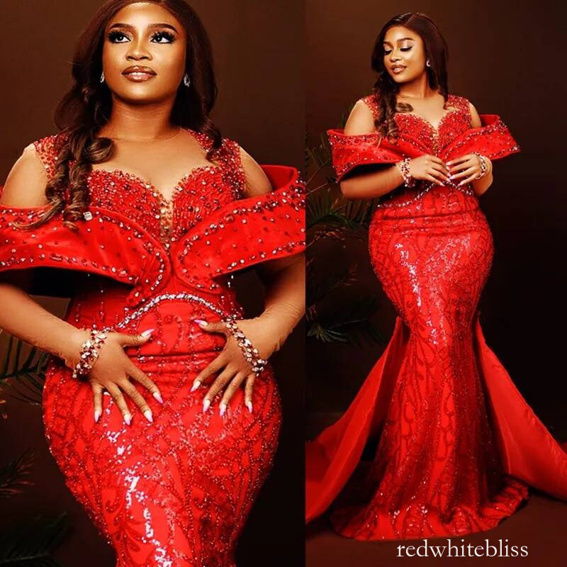 Plus Size Red Mermaid Prom Dress Sparkling Evening Dres