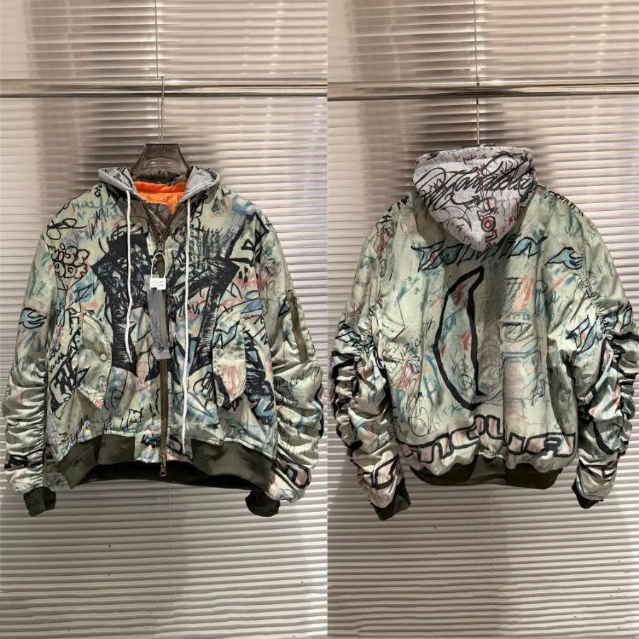 Graffiti Metal Zipper Bomber Flight Jacket Men Women High Quality Heavy Fabric Coats