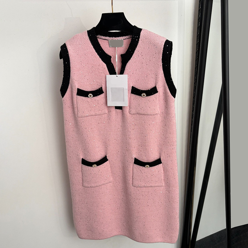Luxury Women Elegant Knitted Dress Sexy Sleeveless Multi Pocket Sequin Mini Dress Spring Autumn Date Party Dinner Vacation Dresses