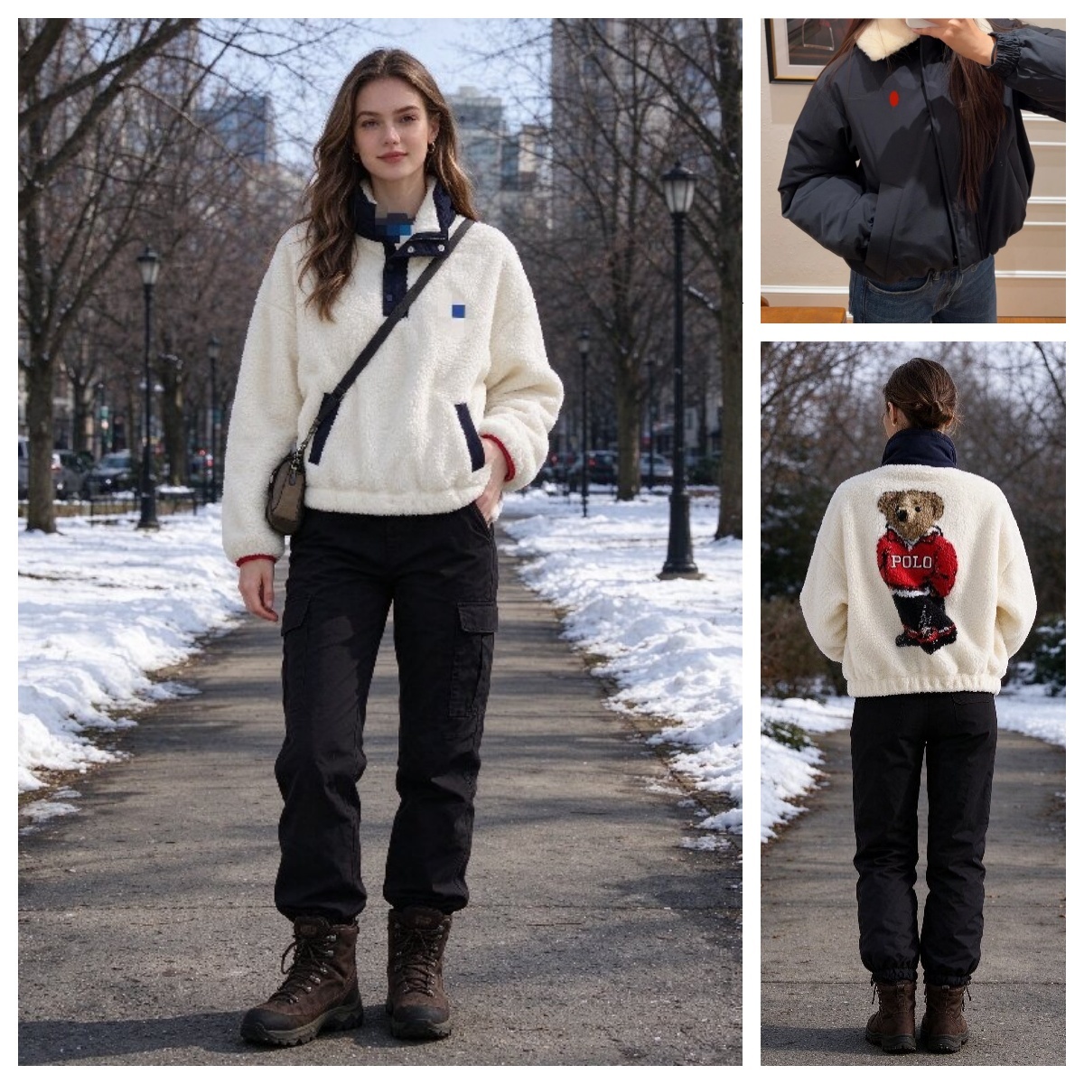 Designer Sherpa Sweater Women Varsity Bear Quarter Snap Fleece Pullover Autumn Winter Heritage Coat Zip Up Casual Cropped Shearling Collar Puffer Ja