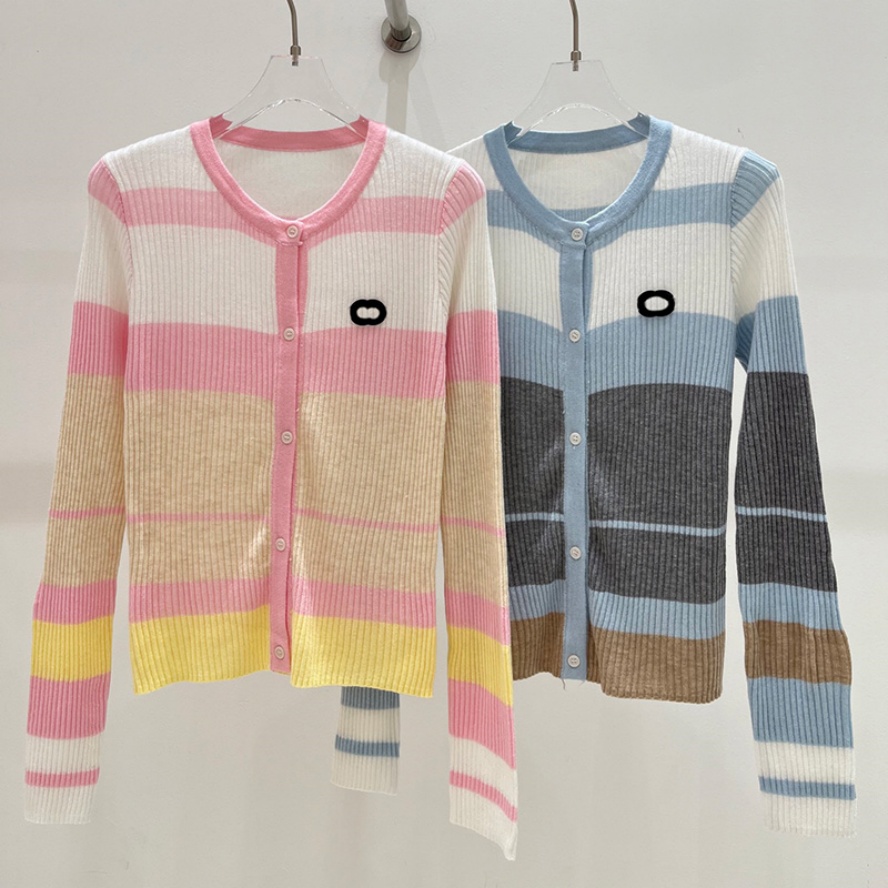 Women Colorful Striped Knit Cardigan Designer Slim Fit Y2K Style Sweater Cardigan Autumn Thin Vacation Knitted Cardigan
