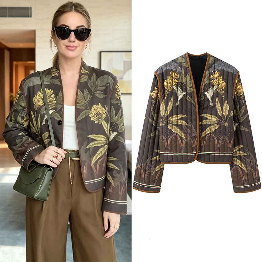 Women Puffer Down Jacket Coat Vintage Floral Print Padded Cropped Jacket Women V Neck Open Front Coat 2026 Fall Fashion Loose Lady Jackets