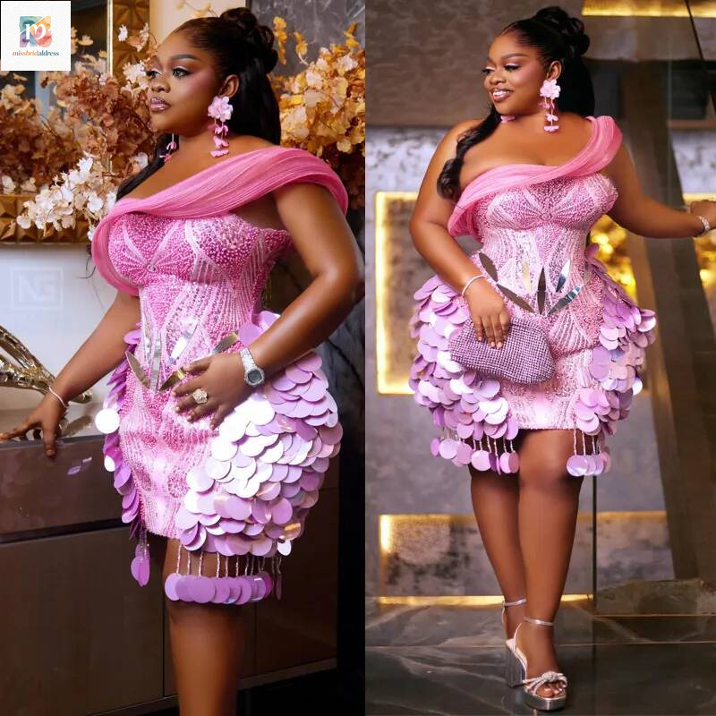 Plus Baby Pink Cocktail Dresses For Women Short Prom Dress One Shoulder Sequins Beads Plus Size Evening Homecoming Gowns Bc24092 Mb019