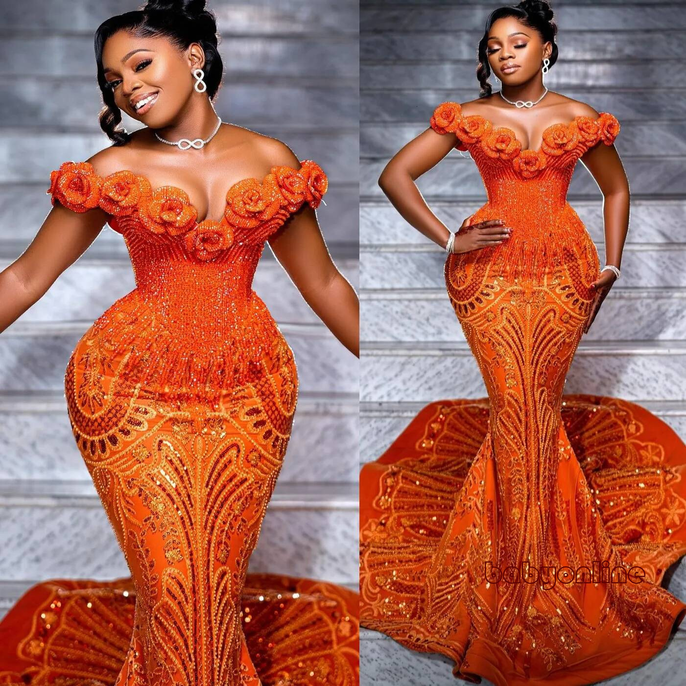 New Orange Mermaid Prom 2026 Evening Dress Beaded Flowers Sequined Sparkly Birthday Formal Women Pageant Party Gowns Long Dinner Dresses