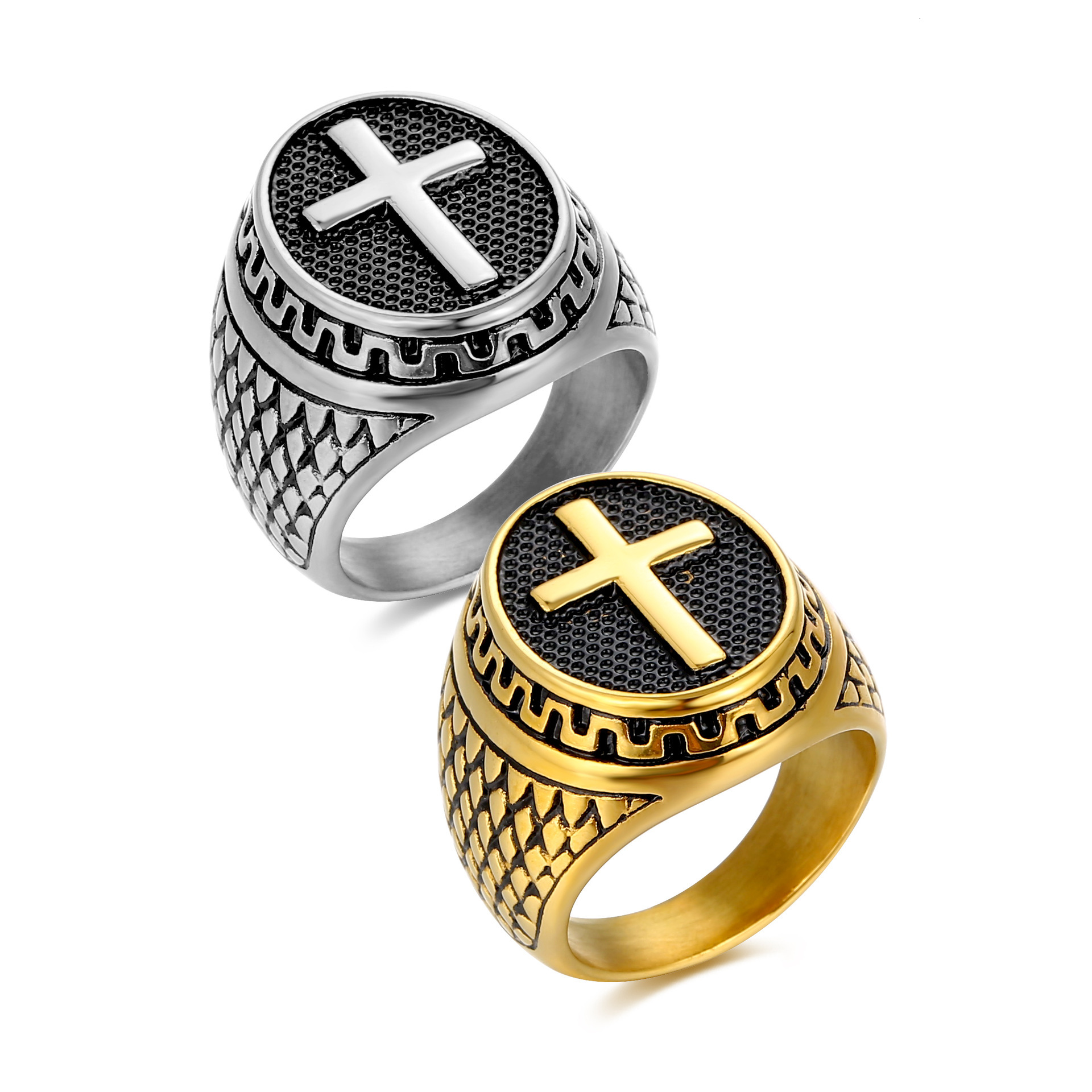 European and American Retro Punk Titanium Steel Gold-Plated Color-Retaining Cross Ring