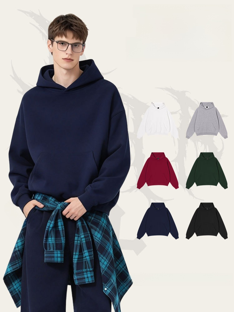 Trendy Brand Heavyweight Fleece Boxy Short Wide Hooded Sweatshirt For Men, American Street Style Retro Oversized Loose Hoodie Honglu