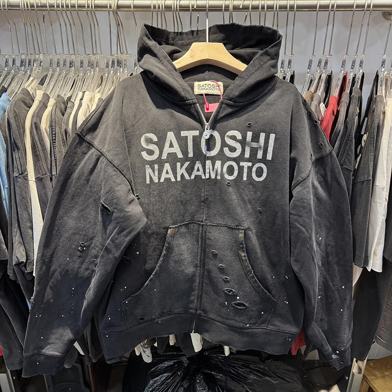 Washed Vintage Hole Splashed Ink Satoshi Nakamoto Zip Up Hoodies Autumn Winter Thicken Trendy Men 261014