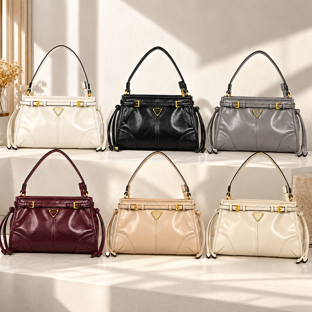 Women's Vintage Belted Shoulder Bag Buckle Top Handle Handbag Detachable Strap Crossbody Purse Gold Tone Hardware Multiple Colors