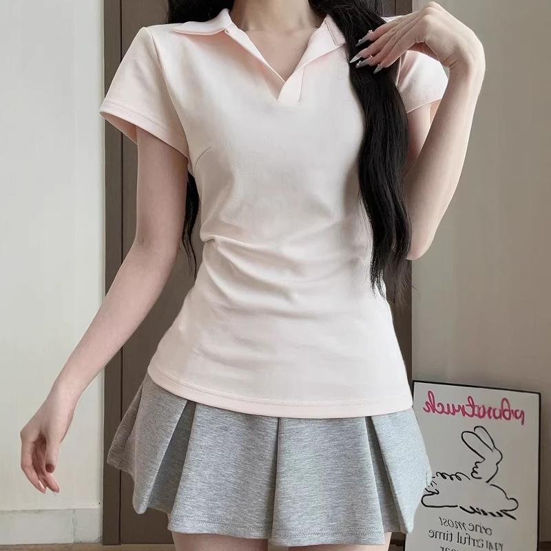Women's Slim Fit Short Sleeve Polo Shirt Solid Color Korean Style Cropped V-Neck Cotton Blend Top Summer Spring