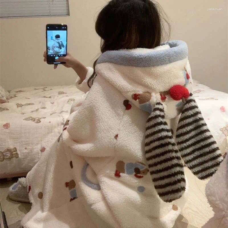Cartoon Sausage Dog Coral Fleece Pajamas Women's Thicken Sleepwear Winter Hooded Robe Bathrobe Cute Warm Home Clothes Xsma Gift