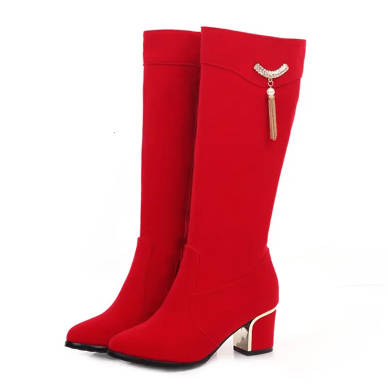 Autumn Winter Knee High Boots Women Black Red Flock Women's High Boots Casual Low Heels Fashion Long Party Shoes Female 261019