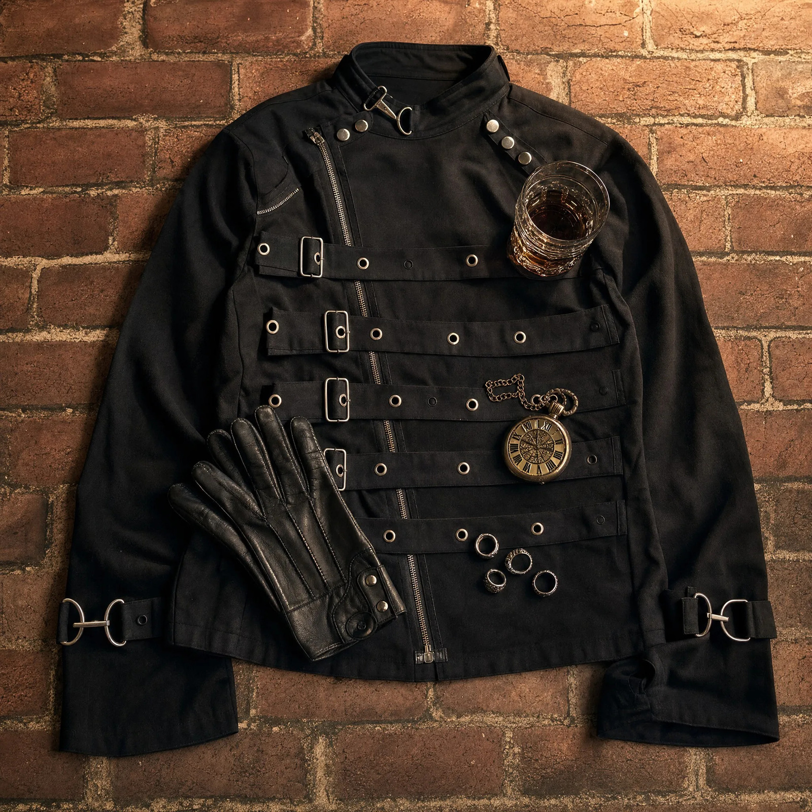 Mens Womens Black Multi Strap Buckle Jacket Heavy Metal Hardware Multiple Zippers High Neck Ring Detail Punk Goth Techno Coat 261014
