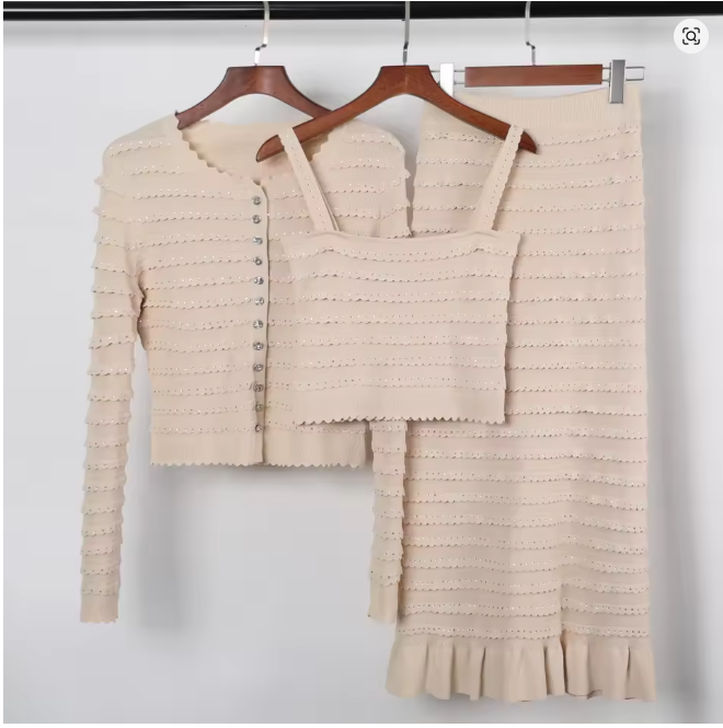 Four Color High-quality New Fashionable Knitted Lace Rhinestone Top Cardigan+camisole Vest+slim Fit Ruffle Edge Half Skirt Set