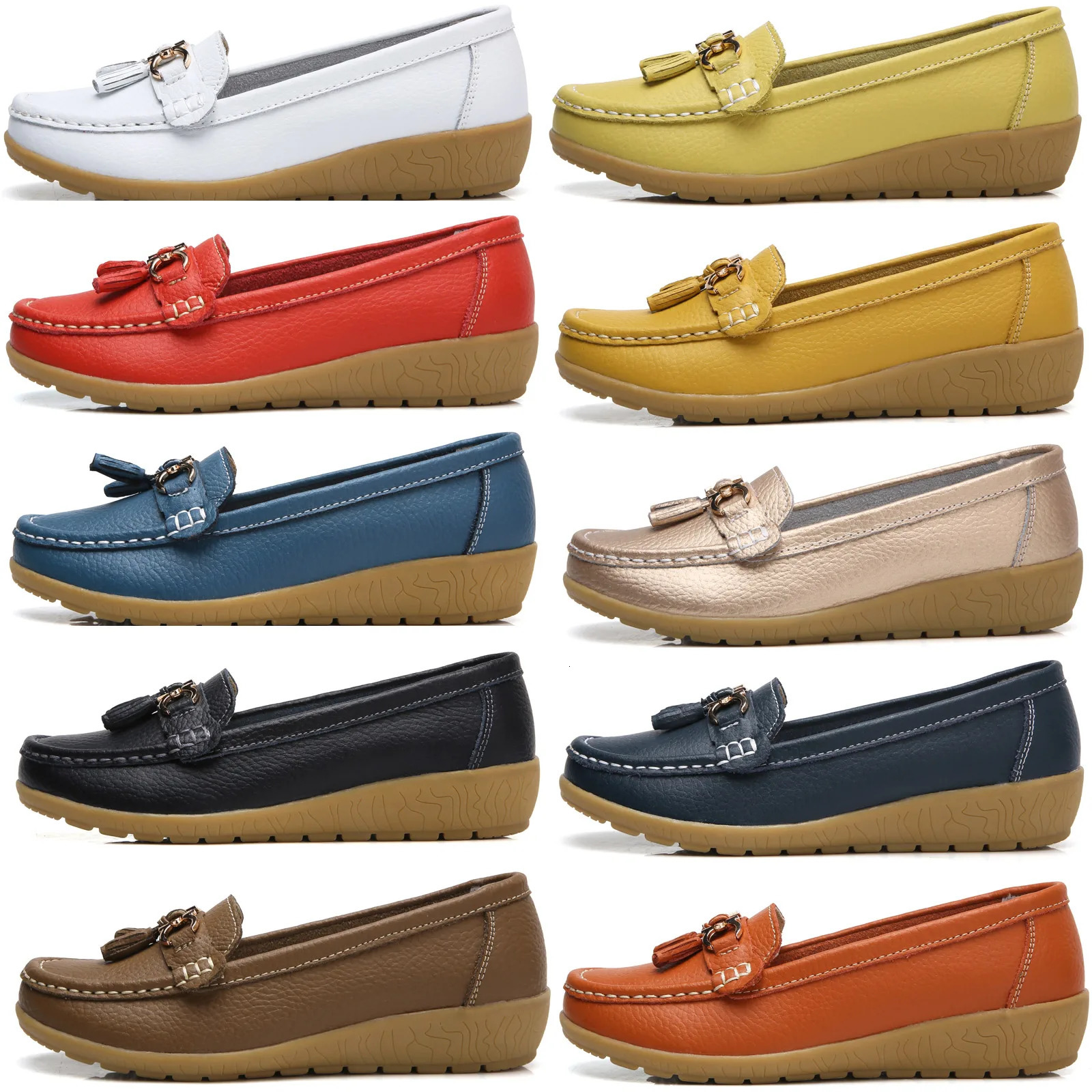Women's Leather Slip-On Loafers White Casual Comfort Moccasins with Metal Tassel Gum Sole Large Sizes 41 42 43 for Drop 261019
