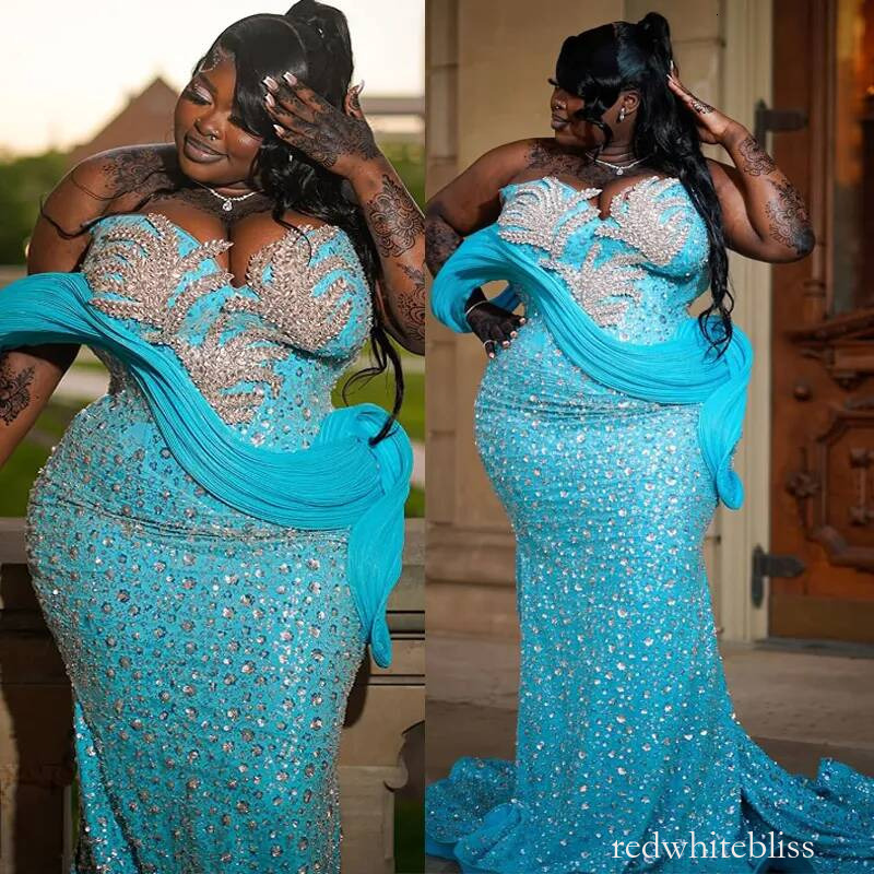 Blue Aso Ebi Prom Plus Size Mermaid Evening Dress