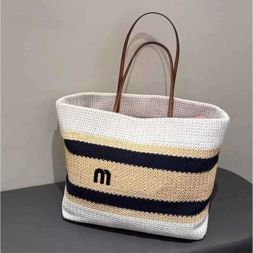 Women Luxury Designer Hollow Out Woven Straw Beach Tote Bag Large Capacity Vacation Travel Shopping Handbag Pleated Hobo Underarm Letter Decor Shoul