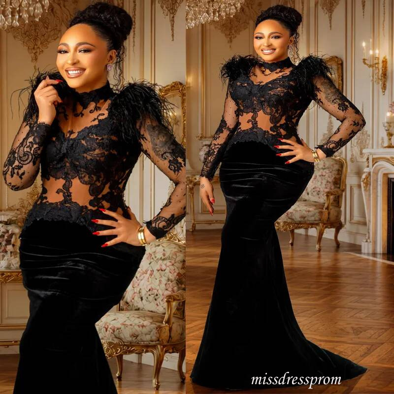 Stylish Black Velvet Dress Mermaid Evening Formal High Neck Prom Dresses Classic Illusion Bead Lace Crystals Birthday Second Reception Gown Am3683