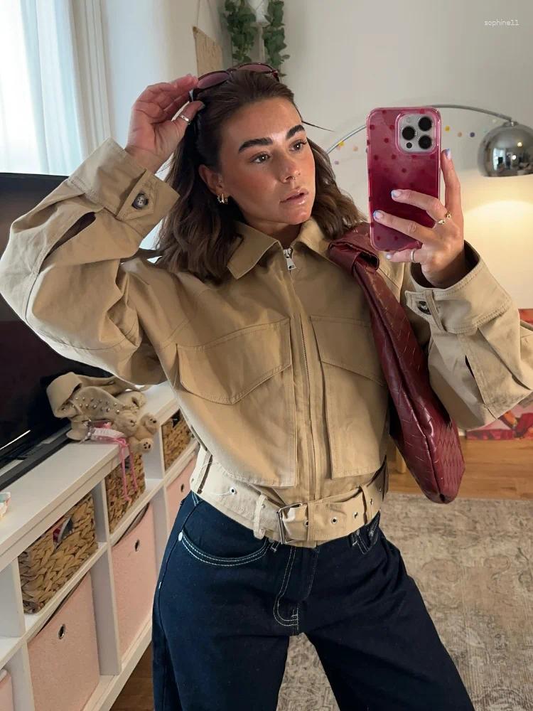 Polo Collar Big Pockets Short Jackets Women Street Turn-down Long Sleeve Zipper Patchwork Coats Autumn Lady Outerwear