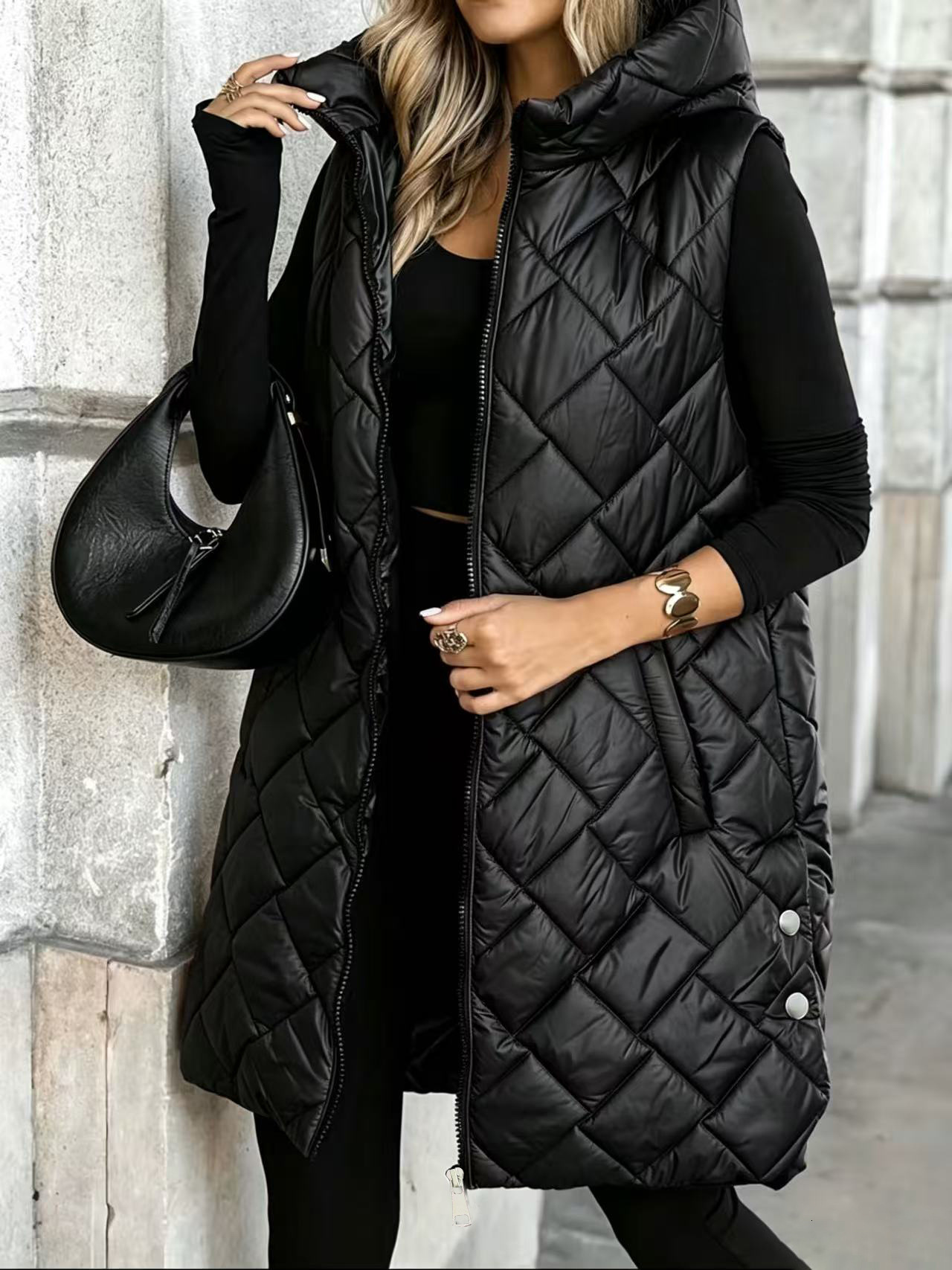 European and American style cross-border plus-size women's hooded vest jacket, zipper, mid-length, loose fit, casual, versatile, and warm, whol