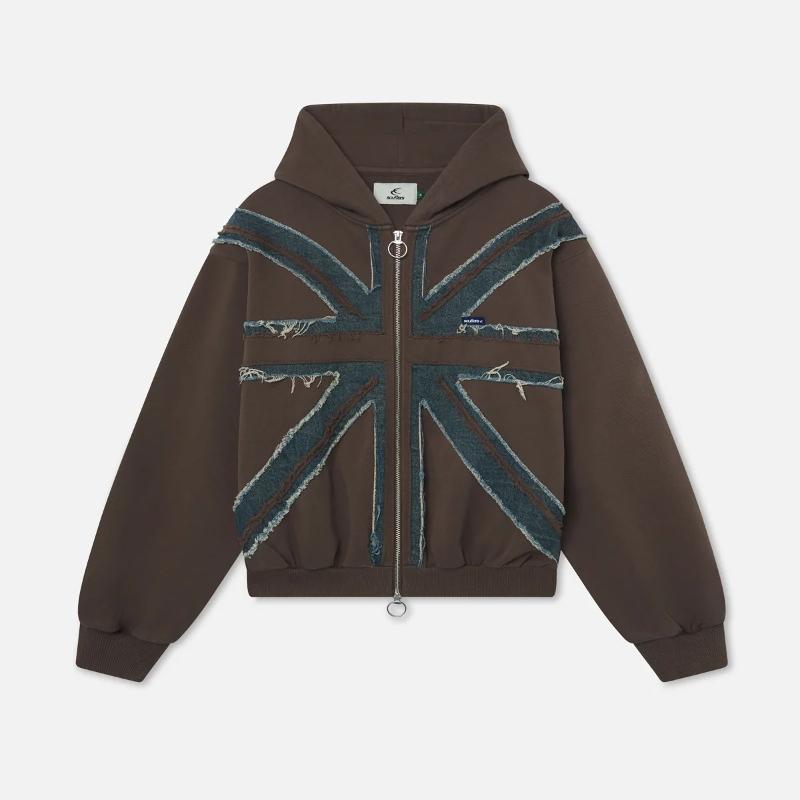 Veste à capuche en denim vieilli de créateur unisexe, sweat à capuche en denim délavé avec fermeture éclair en étoile et bords bruts