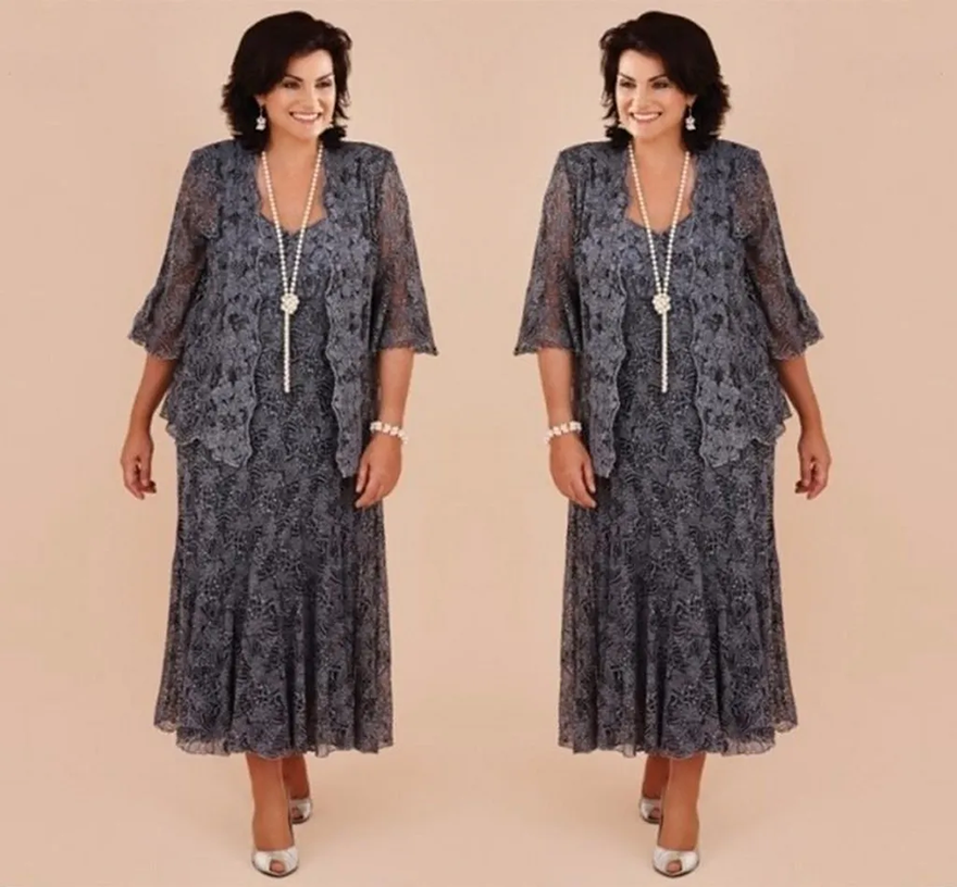 Plus Size Gray Lace Tea Length Mother's Dresses With Jacket Formal Bride Mother Wedding Party Dress vestido de renda CG029