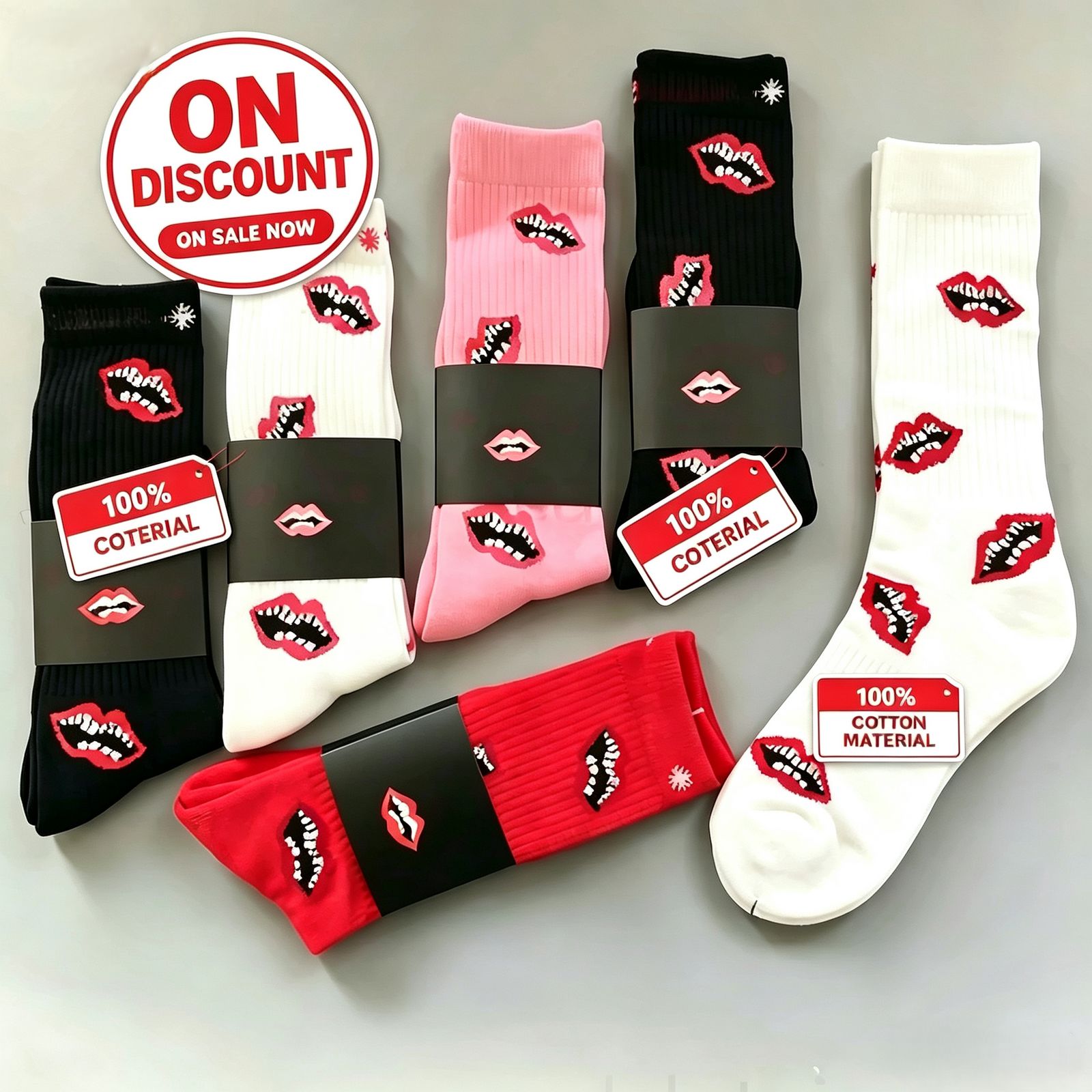 Chrome socks Y2K retro style socks women men striped bone lip jacquard knit mid calf socks street fashion socks wholesale retail,for daily wear, ska
