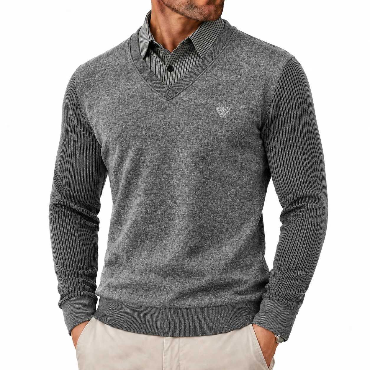 Pullover Collar Men's Sweater Plaid Autumn Slim Fit Elegant T Shirts Man Brand Fake Two Pieces Knitted Work Sweaters M261016