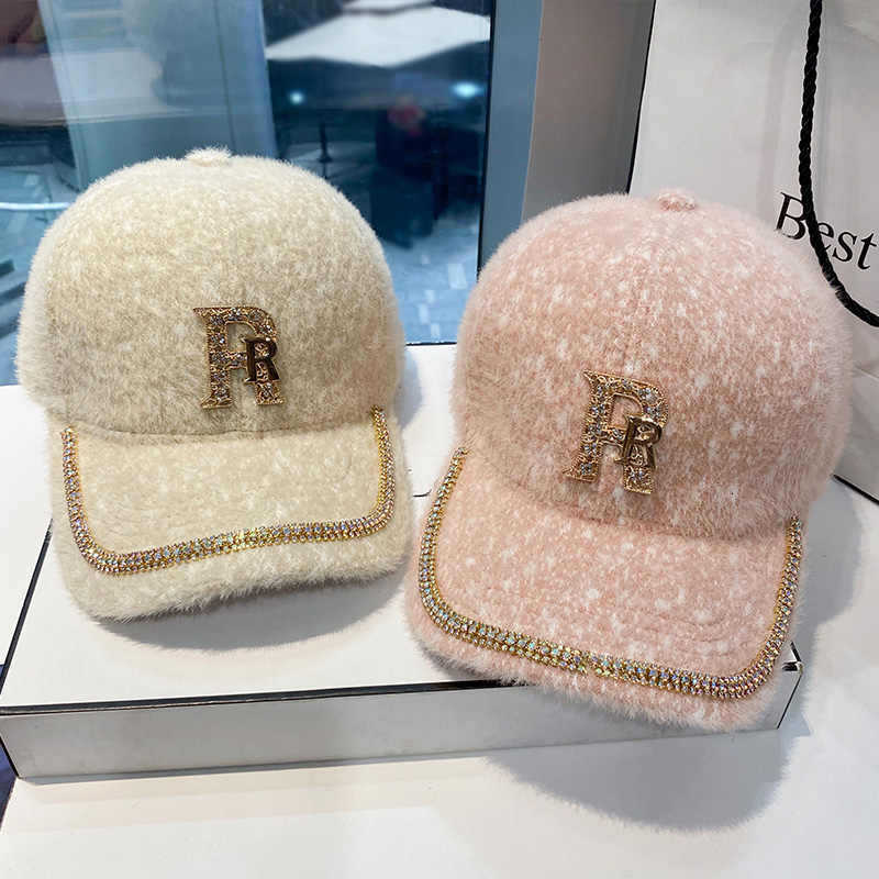 Autumn And Winter High-End Baseball Cap With Rhinestones, Youthful Duckbill Cap, Korean Style Fashionable Women's Plush Warm Hat Luxury Cap Bra