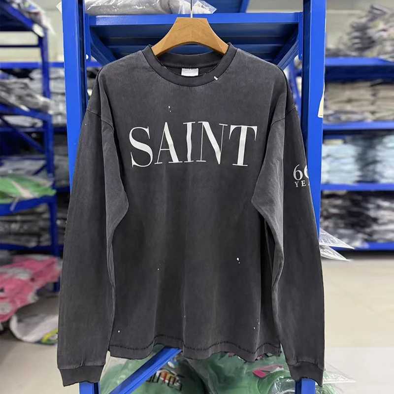 Men Women Vintage Washed Black Splash-Ink Damaged T Shirt Casual Classic Letters Saint Long Sleeve T-Shirt 100% Cotton Tops T261019