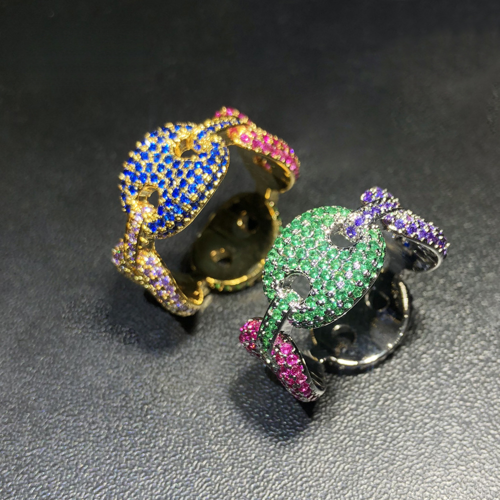 Hip Hop Men's New Coffee Bean Luxury Iced Micro Paved Colorful moissanite Pig Nose Ring Out D VVS Diamond HIPHOP RING Luxury Iced