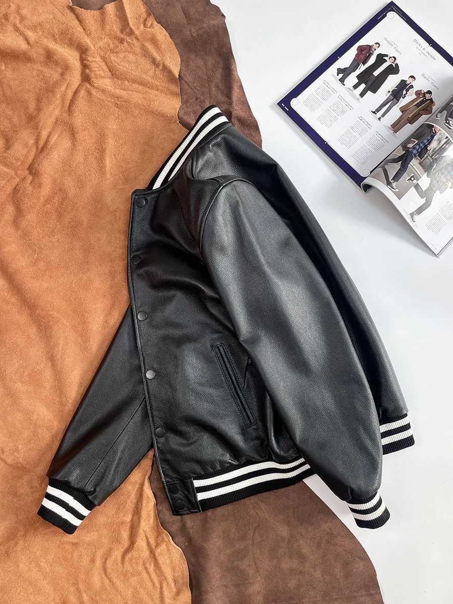 Premium Cowhide Leather Jacket Men's Baseball Style Casual Jacket Youth Pure Leather Outerwear Slim Fit Riding Suit T261019