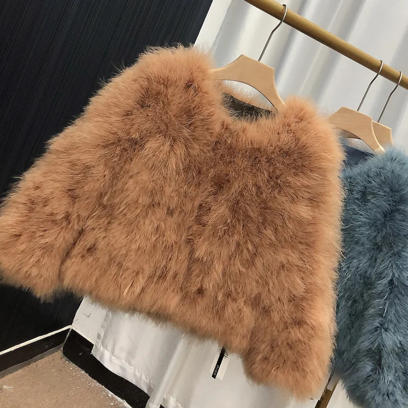 Ostrich Feather Coat for Women 100% Natural Fur Coats O Neck Long Sleeve Ladies Nightclub Turkey Jackets Winter Fashion 261019
