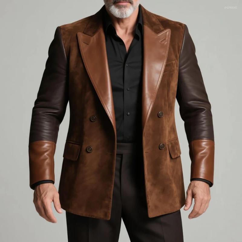 Men's Faux Suede Patchwork Pu Leather Elegant Blazer Brown Peaked Double-breasted Designer Formal Suit Coat Male Business