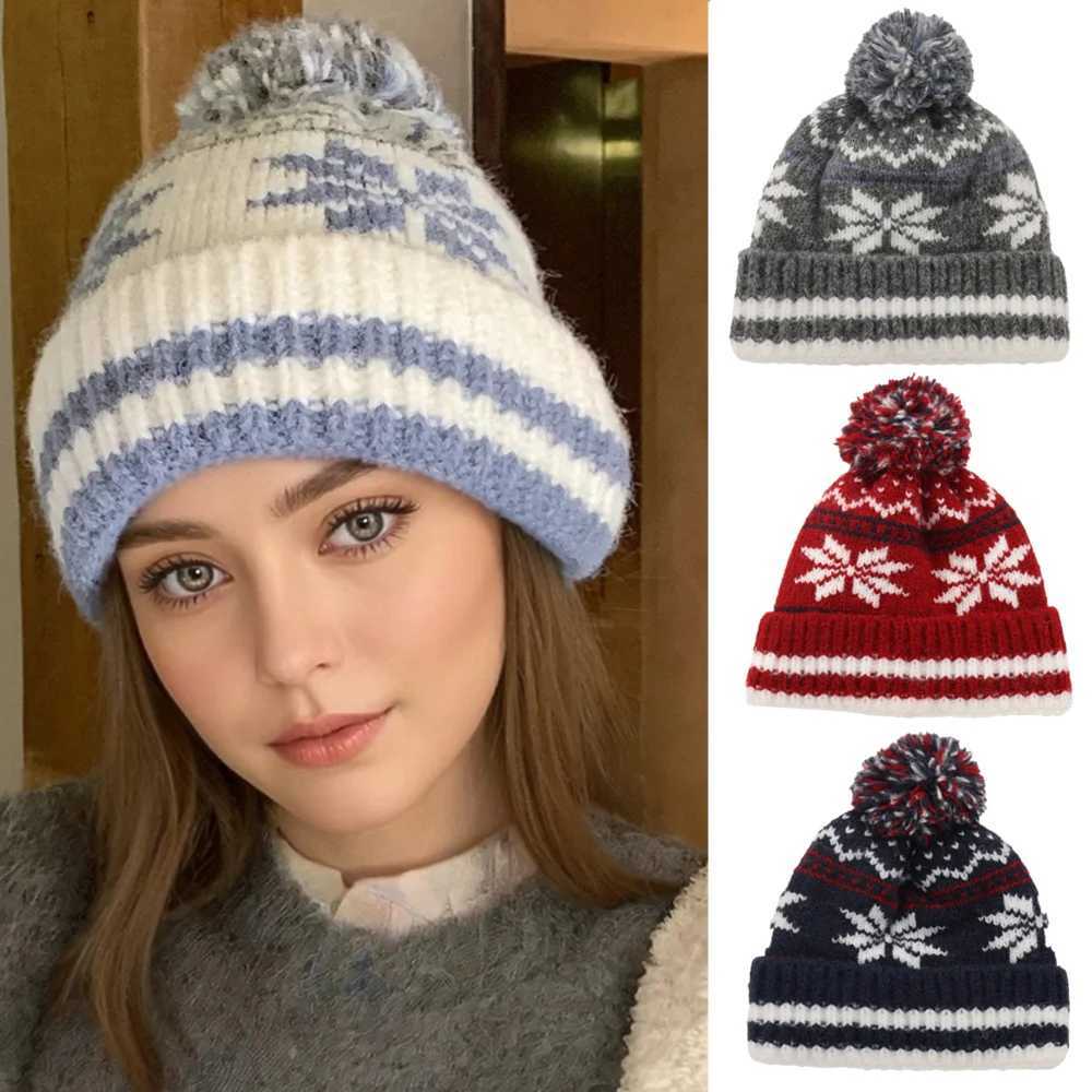 Beanie/Skull Caps New Style Classic Snow Flake Jacquard Winter Hats Winter Warm Pompoms Beanie For Women Solid Color Winter Knitted Hat Q261017