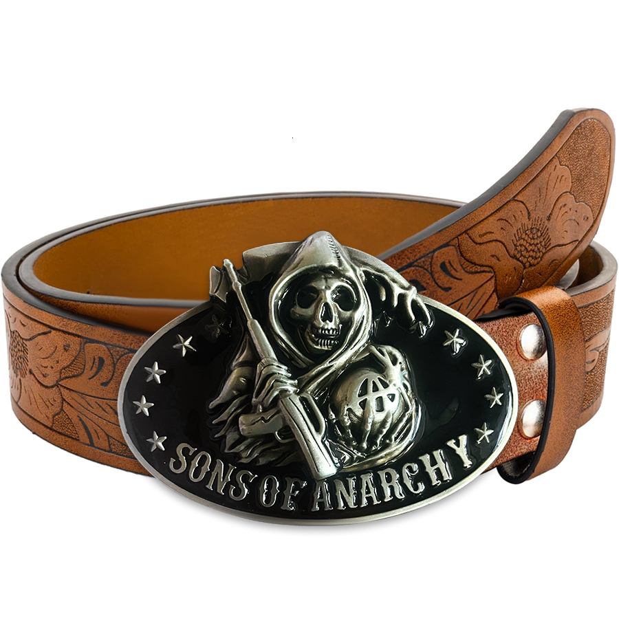 Western Men's Denim Skull Sickle Belt Buckle Hip-Hop Personality Retro Style Unisex Matching Jeans/Casual Pants 26Y1019
