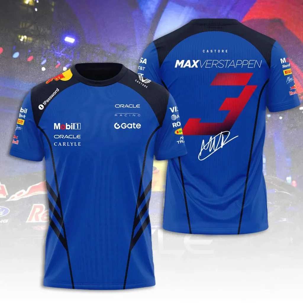 Max Verstappen Racing Team Jersey Men Blue Color Block Sponsor Badge Signature Graphic Quick Dry Short Sleeve Motorsport T Shirt T261019