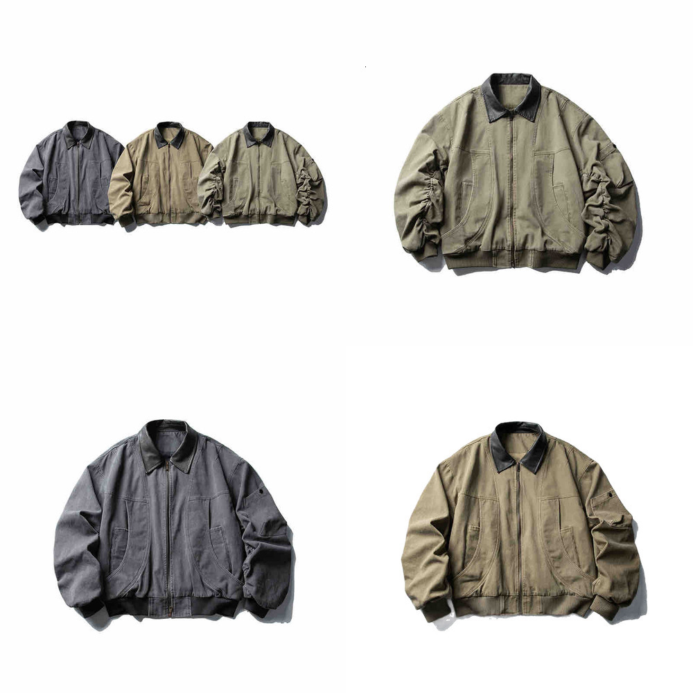 Ameng Disguise Japanese Retro PU Turn-Down Collar Workwear Jacket Coat Spring Autumn Casual Loose Versatile Washed Top