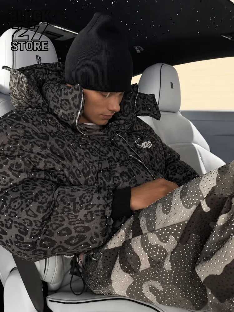 Mens Leopard Puffer Jacket Oversized Thick Warm Cotton Coat Hooded Winter Streetwear Harajuku Unisex Y2K Loose Fit Casual Jacket T261019