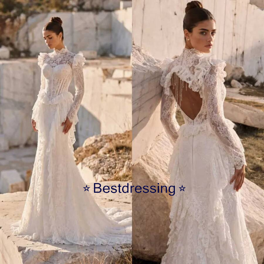 Customized Mermaid Wedding Dresses Sexy Backless Beach Boho Lace Appliques Beaded Bridal Gowns Formal Bride Dress Bd017