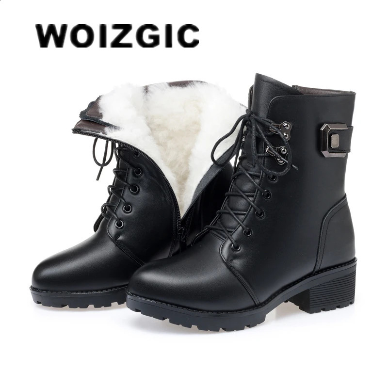 WOIZGIC Female Ladie Genuine Leather Ankle Boots Platform Winter Antumn Plush Fur Warm Shoes Plus Size Lace Up 3543 260917