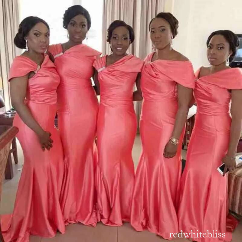 African Coral Taffeta Bridesmaid Dresses Irregular Short Sleeves Mermaid Evening Gowns Plus Size Maid Of Honor Wedding Guest Dress