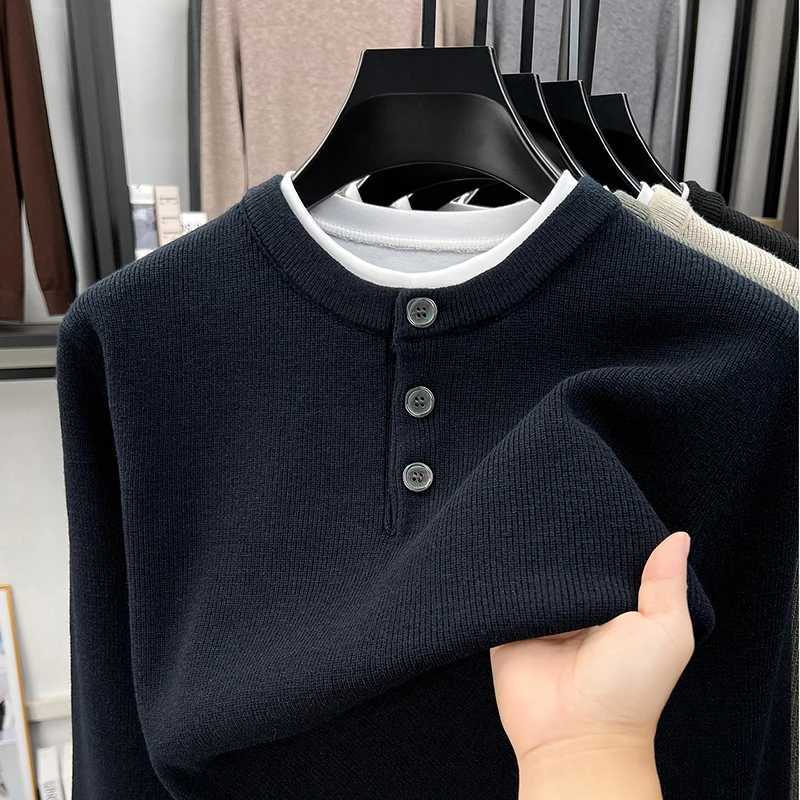 knitted Fashion button round neck sweater men's fake two-piece new comfort autumn winter casual high-quty pullover M261016