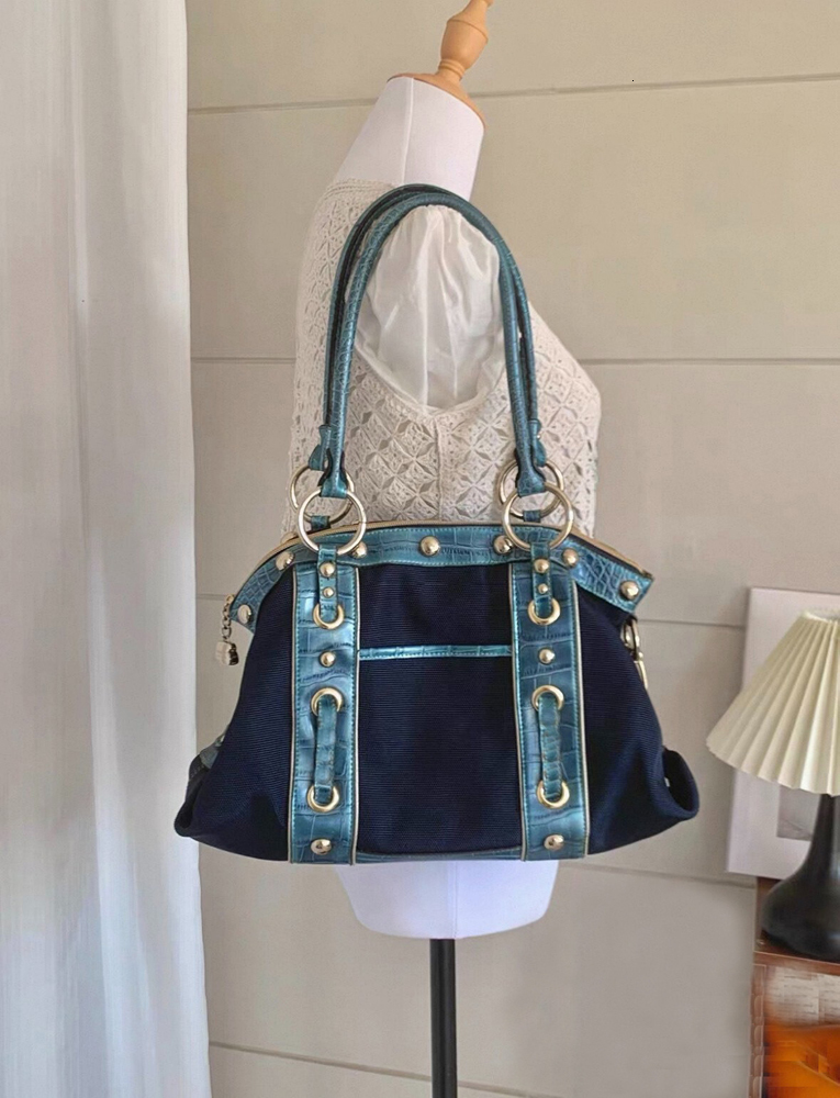 SHELKSBAG Women Vintage Canvas Tote Handbag Croc PU Patchwork Rivet Metal Ring Decor Y2k Large Capacity Top Handle Shoulder Bag